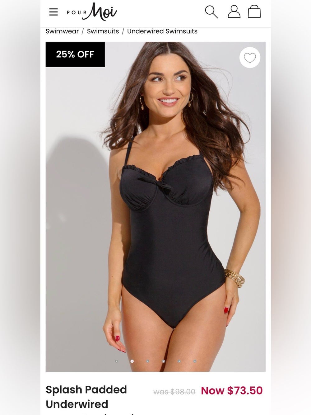 Swimsuit by Pour Moi Splash Padded Black, Underwire Molded Cups, 34DD Never worn